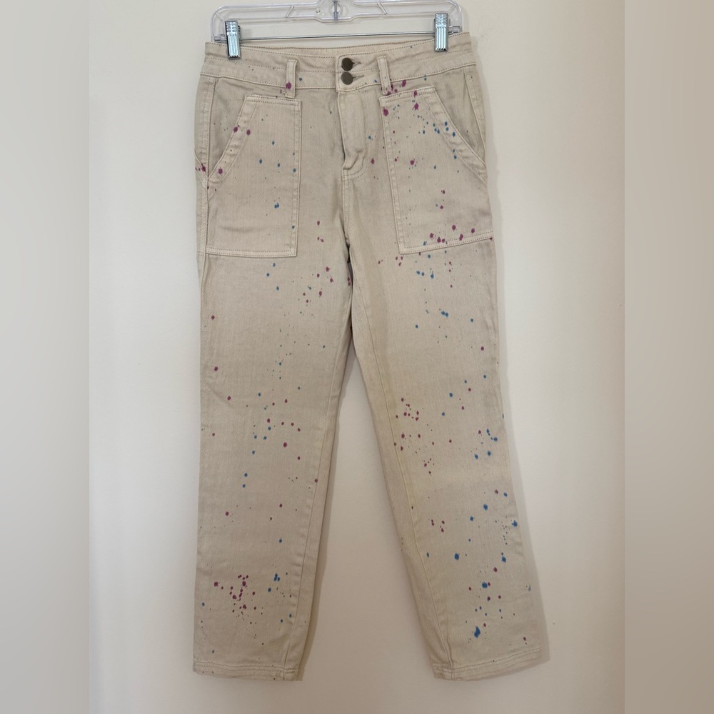 Easel Beige Straight Leg Jeans with Paint Splatter
